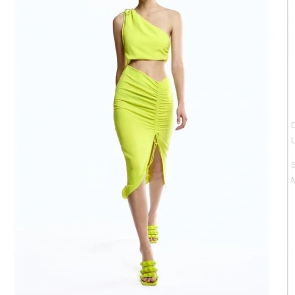 ZARA Green‎ Yellow Ruched Dress Body Con One Shoulder MIDI Set Small
